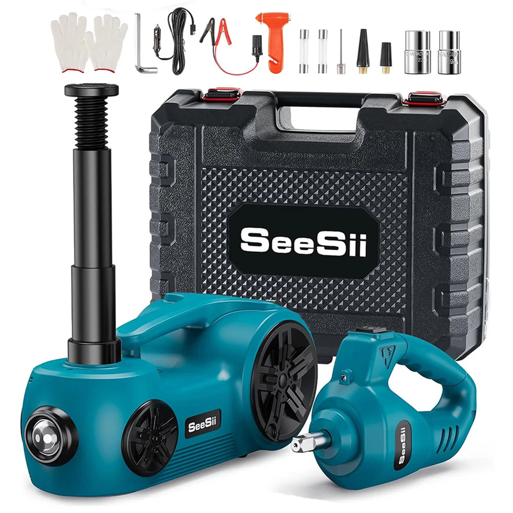 SEESII 12V Car Jack kit 5 Ton ElectricHydraulic Jack w/Portable Impact Wrench Tire Inflator Pump for SUV MPV Truck Change Tires