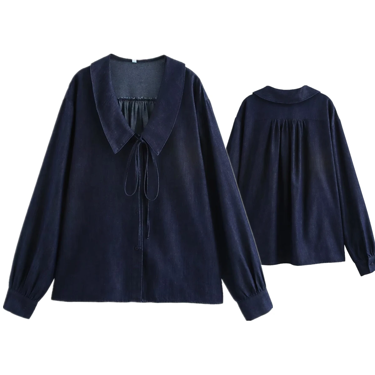 Withered 2024 Autumn Minimalist Turn Down Collar Denim Shirt Women Tops Fashion Ladies Navy Loose Long Sleeve Blouse