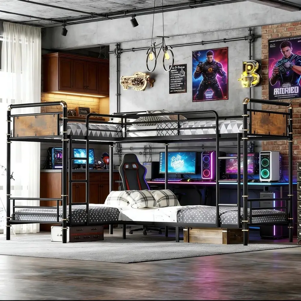 

Heavy-Duty L-Shaped Metal Quad Bunk Bed with Ladders, Detachable into 4 Beds, Space-Saving, Suitable for Kids and Teens, Black