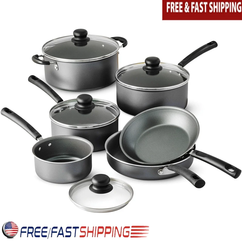 

10 Piece Nonstick Cookware Set Dishwasher Safe Tempered Glass Lids Cooking Pots Pans Kitchen Essentials Frying Sauteing Set