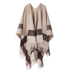 Artificial Cashmere Women's Shawl Printed Grid Slit Warm Double-sided Bat Shaped Knitted Cape for Autumn and Winter