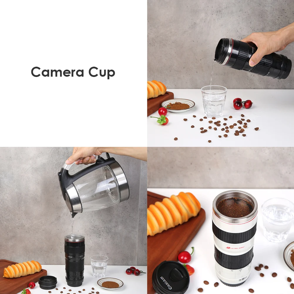 400mL Stainless Steel Coffee Tea Mug Camera Lens Shaped Water Cup with Lid Gifts