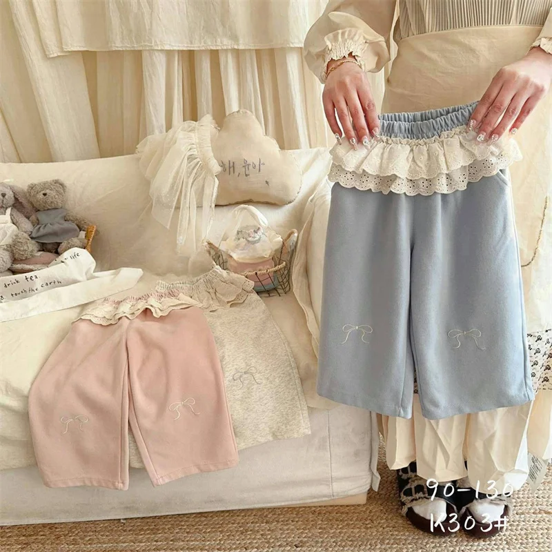 

Baby Girls Spring Pants 2025 New Children Stitching Lace Trousers Princess Casual Autumn Pants Kids Embroidered Bow Clothing