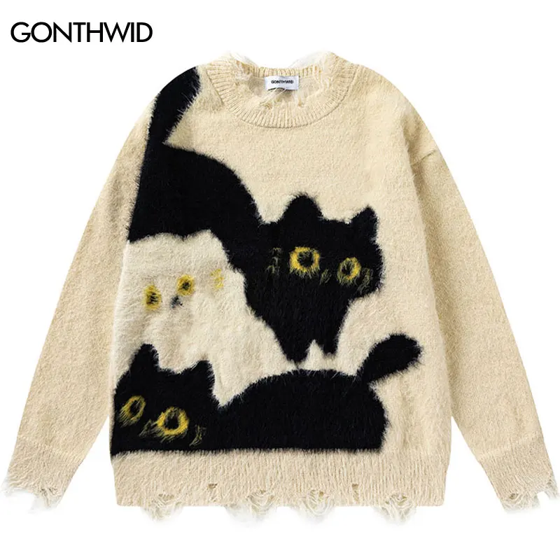 Harajuku Sweaters Grunge Cute Cat Knitted Ripped Holes Jumpers Streetwear Men Hip Hop Casual Baggy Long Sleeve Pullover Sweaters