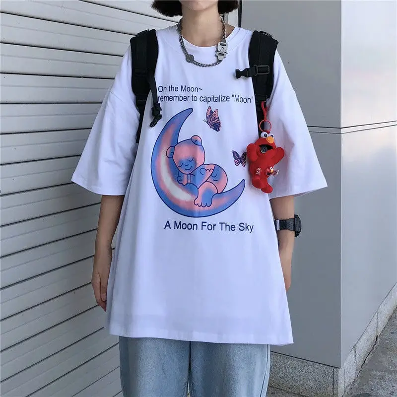 2022 الصيف Kawaii Y2k المرأة تي شيرت القمر الدب تي شيرت مطبوع تي شيرت على طراز هاراجوكو قصيرة لطيف الأكمام تي شيرت فتاة القوطية المحاصيل