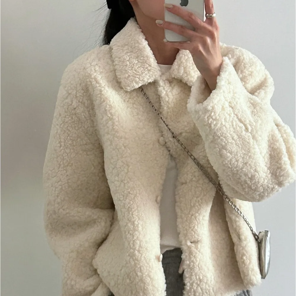 

Korean Sle Early Spring Faion Anti-Aging Lapel Single Button Lamb Fur ort Jaet Coat Women's Loose Fit Long Sve