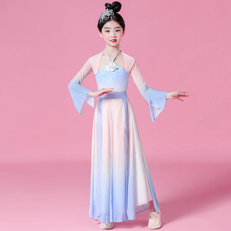 Vestido de dança clássica estilo chinês para adultos e crianças, meia saia fluida de chiffon, traje nacional