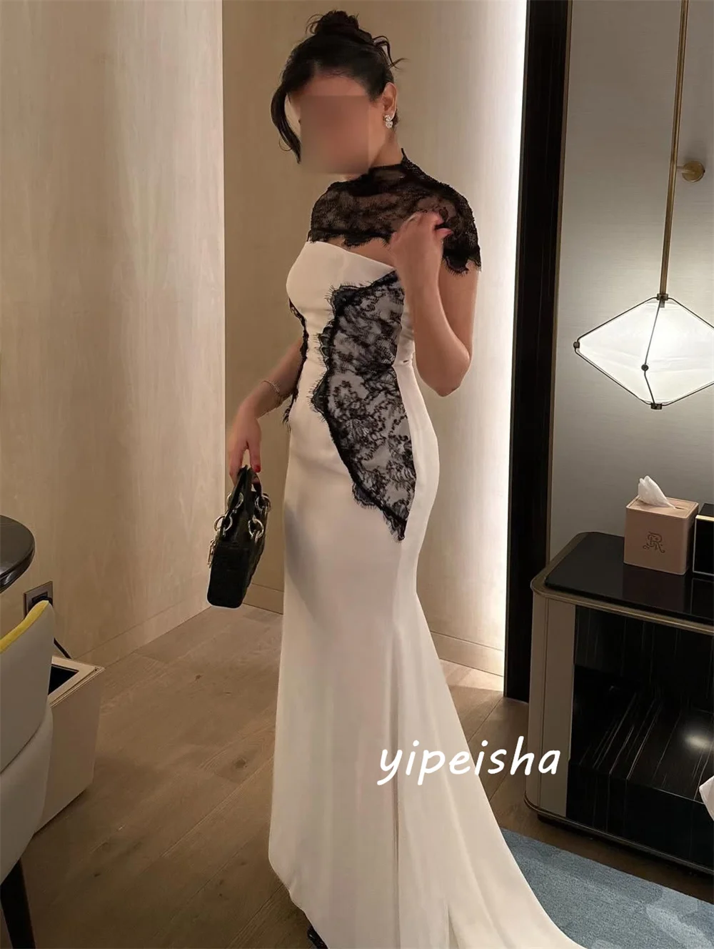 

Customized Beige Modest Sexy Jersey Lace Rhinestone Mermaid High Collar Long Dresses Evening Dresses Exquisite