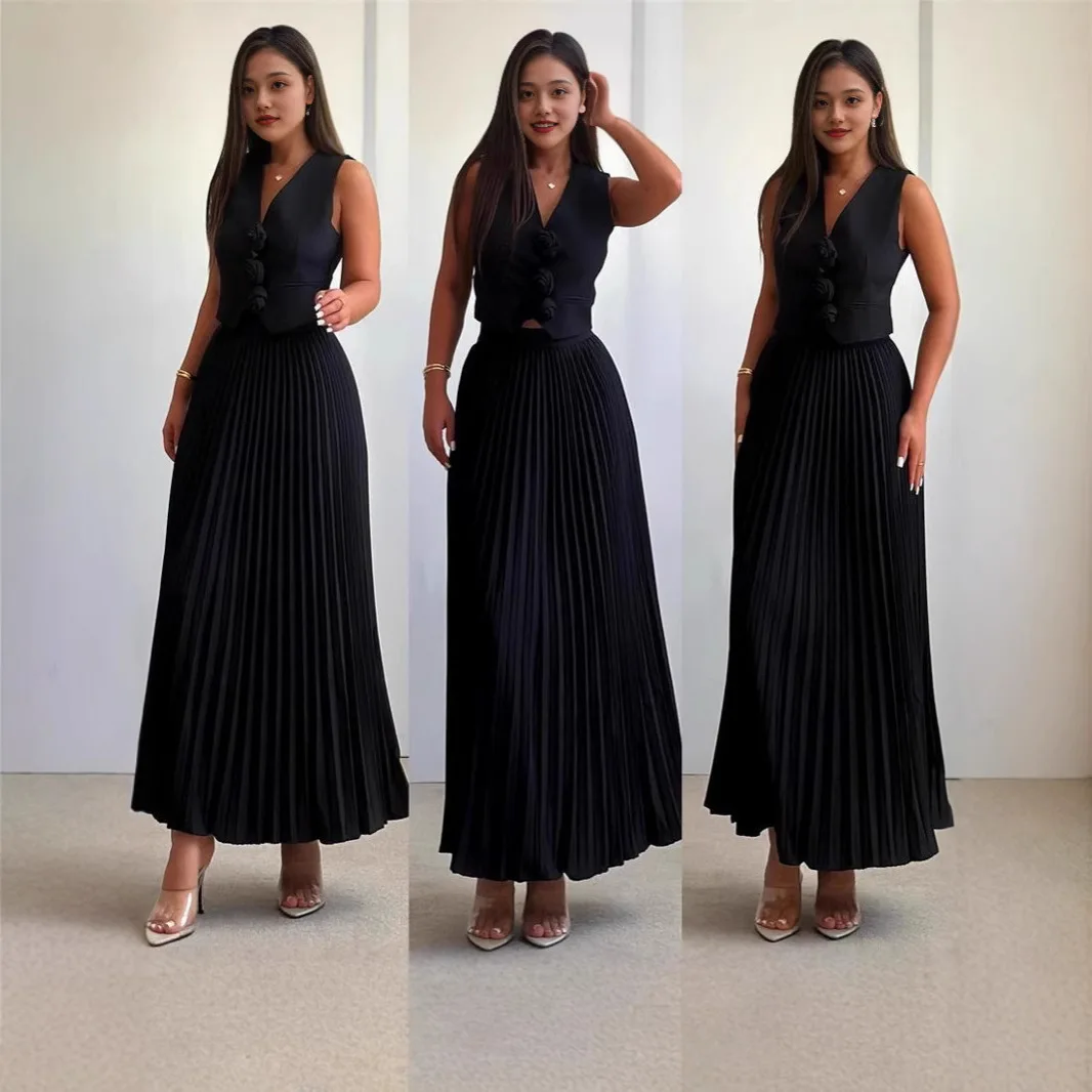 Set di vestiti casual da ufficio da donna 2 pezzi, canottiera senza maniche con bottoni, tinta unita e gonna lunga a pieghe