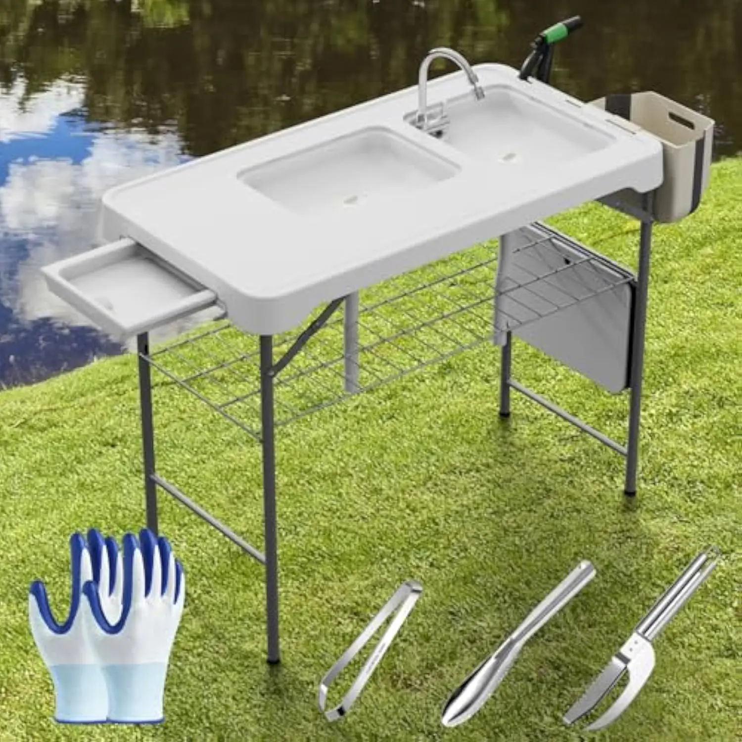 

Fish Cleaning Table with Sink 42.6 Width Portable Folding Camping Table with Measure Mark | Outdoor Fish Cleaning Station with Gr
