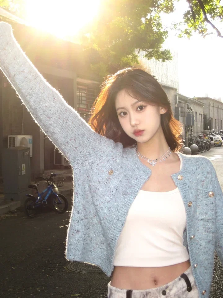 

Single Breasted Knitted Cardigan Sweater Women Spring Autumn New O-neck Soft Short Long Sleeved Korean Version Top