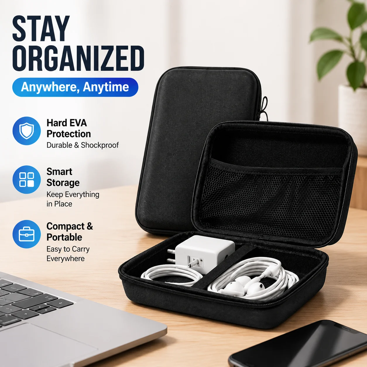 Hard EVA Carrying Case for Charger, Data Cable, Headphone, 3C Digital Accessories Organizer