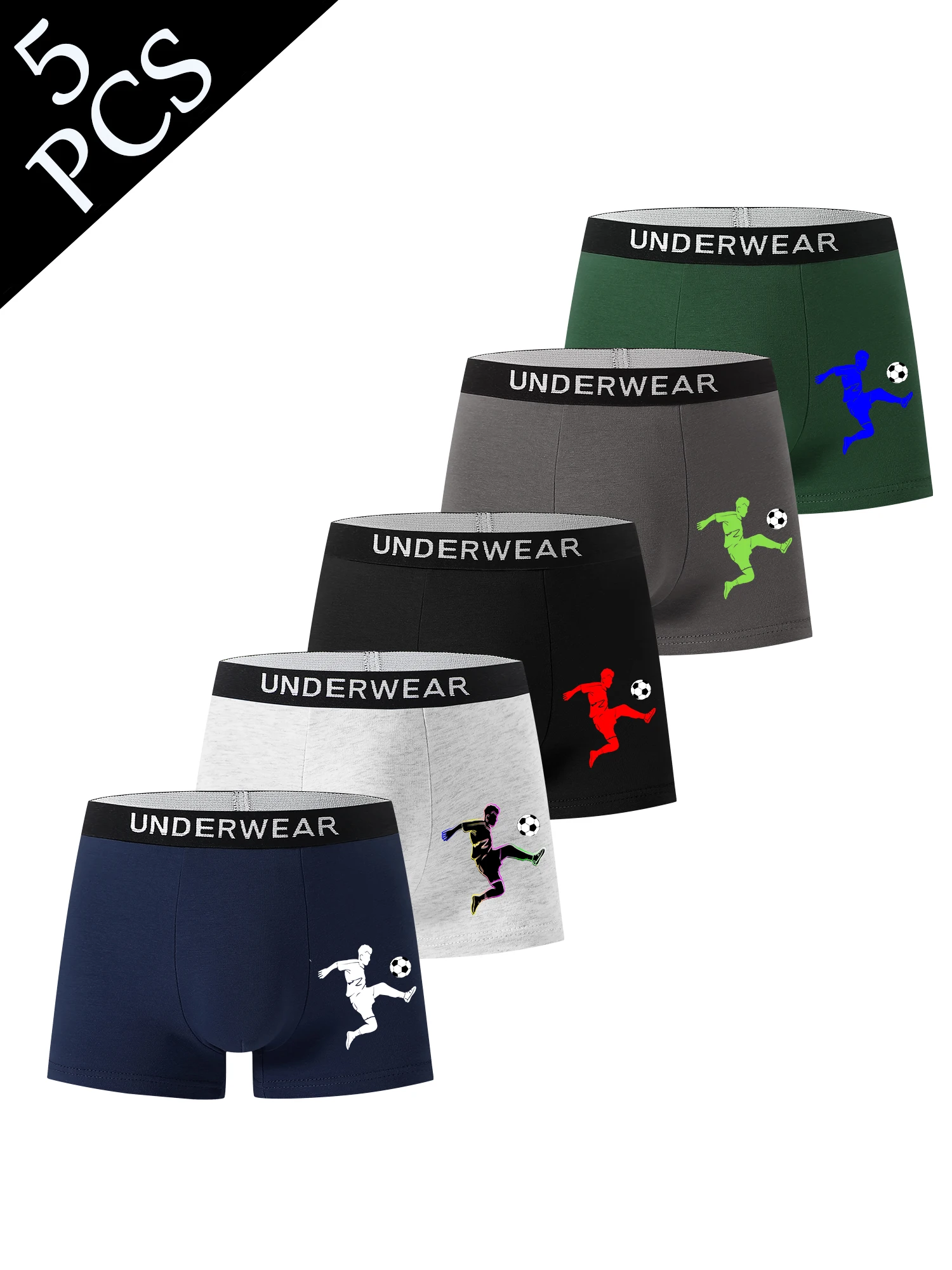 5-Piece Mixed Pack of Boys' Boxer Briefs, 95% Cotton, Soft and Comfortable, Street Style, Football and Boxing Sports Underwear
