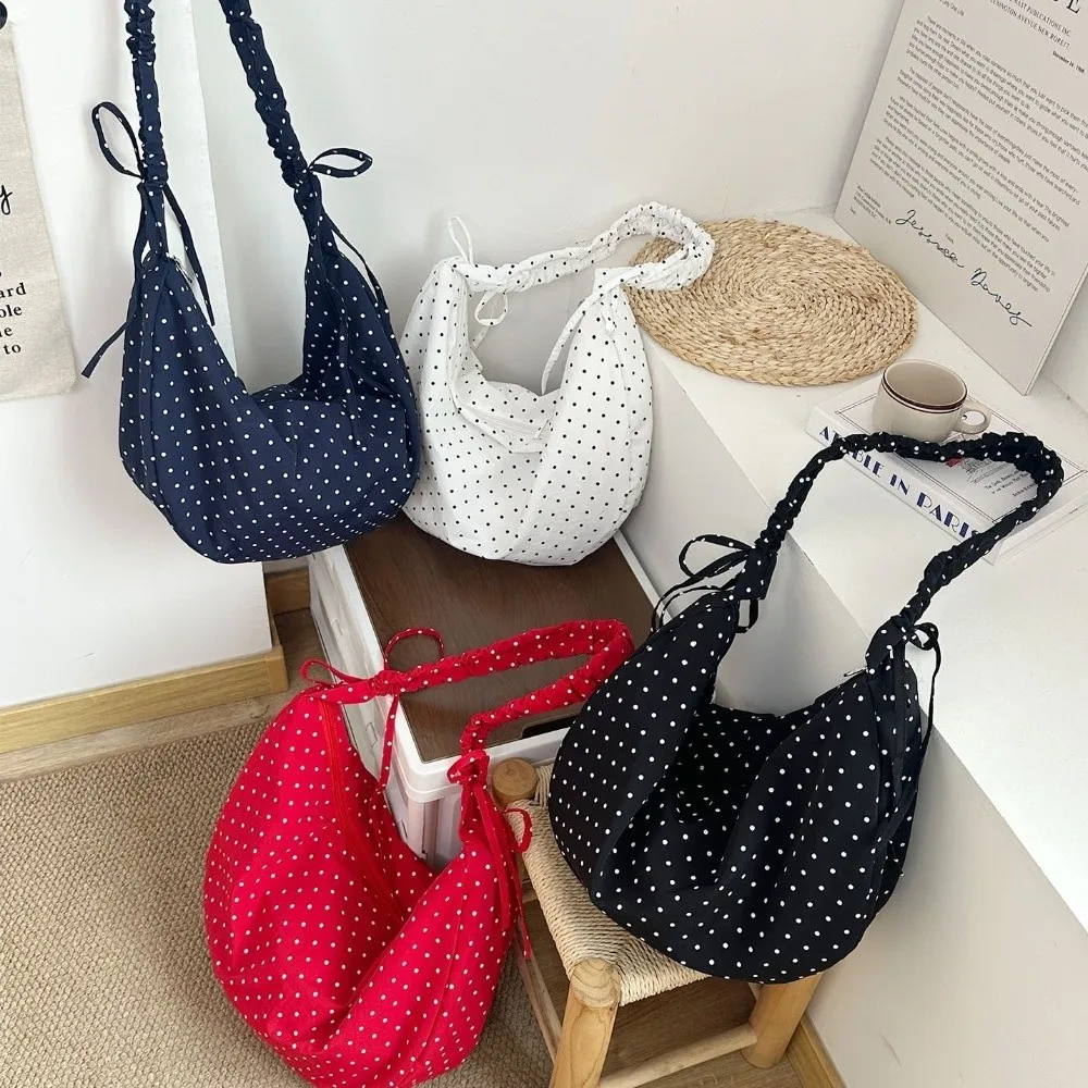 Adjustable Polka Dot Nylon Crossbody Bag Drawstring Korean Style Pleated Shoulder Bag Ballet Style Prined Canvas Dumpling Bag