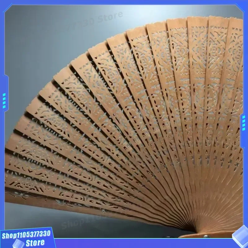 Vintage Sandalwood Folding Fan Hollow Carved Intangible Cultural Heritage Craft Portable Chinese National Style Handheld Fan