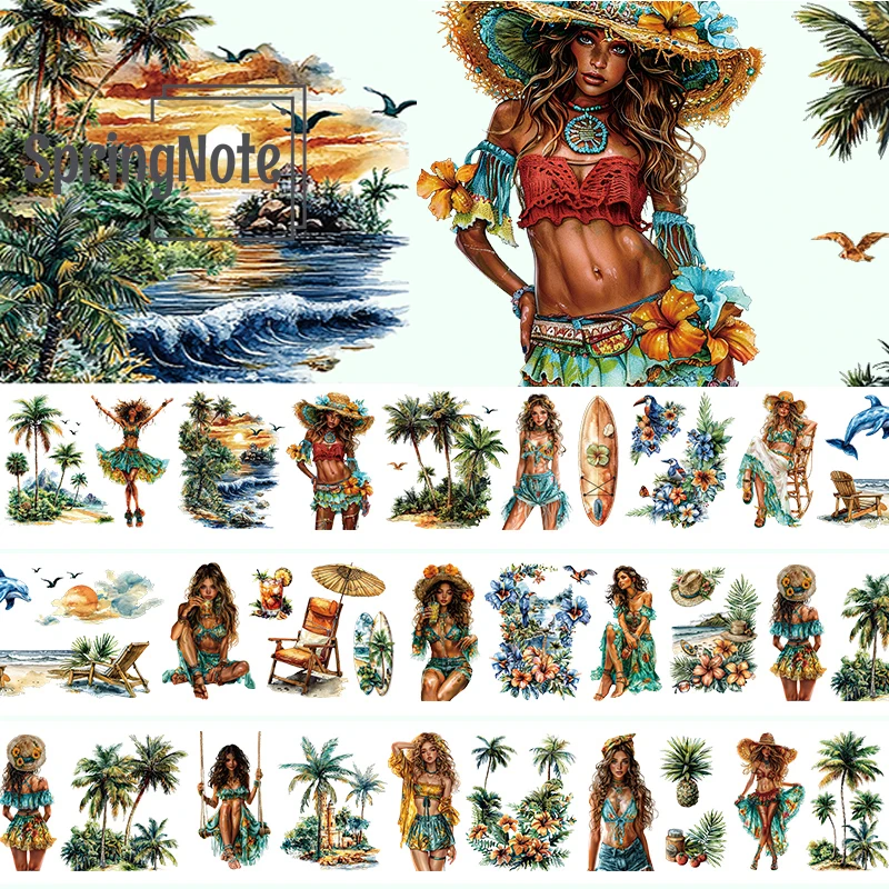 2m Beach Lady PET Washi Tape Sea wave Transparent Roll Stickers Decorative Adhesive Tape For Scrapbooking Journal  loop 100cm