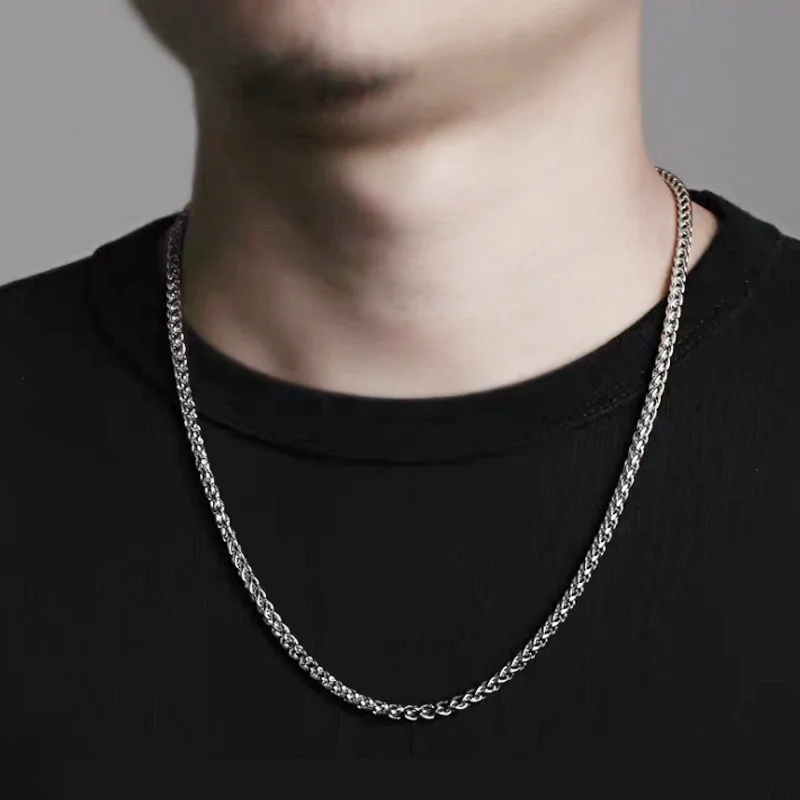 Wheat Chains for Men White Gold Color Stainless Steel Long Chain Accessories Hip Hop Punk Jewelry Women Gifts