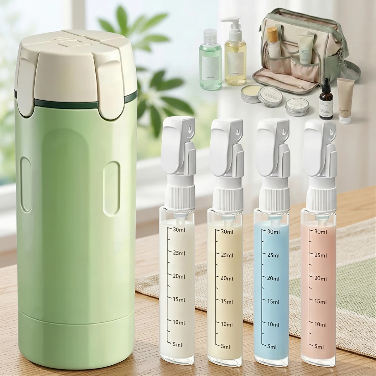 Travel Bottles 4-in-1 Leak-Proof Refillable Containers with Dispenser Pump for Shampoo Lotion Conditioner Body Wash Bottles Set