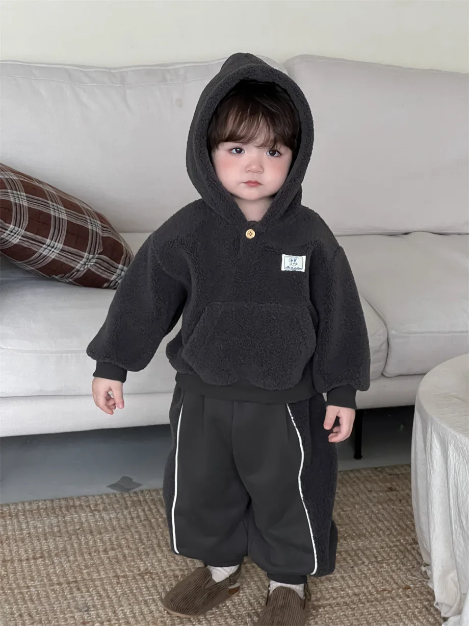 2024 Winter New Baby Boys Fleece Hooded Sweatshirt + Pants 2pcs Suit Infant Plus Velvet Thick Warm Clothes Set Toddler Outfits