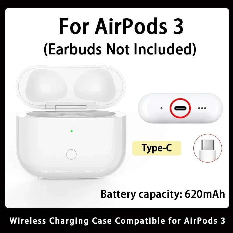 Vervanging van draadloze oplaadcassette voor originele Airpods Pro 1/2/3 generatie, vervanging van de opladerdoos met 【USB Type C】 Opladen