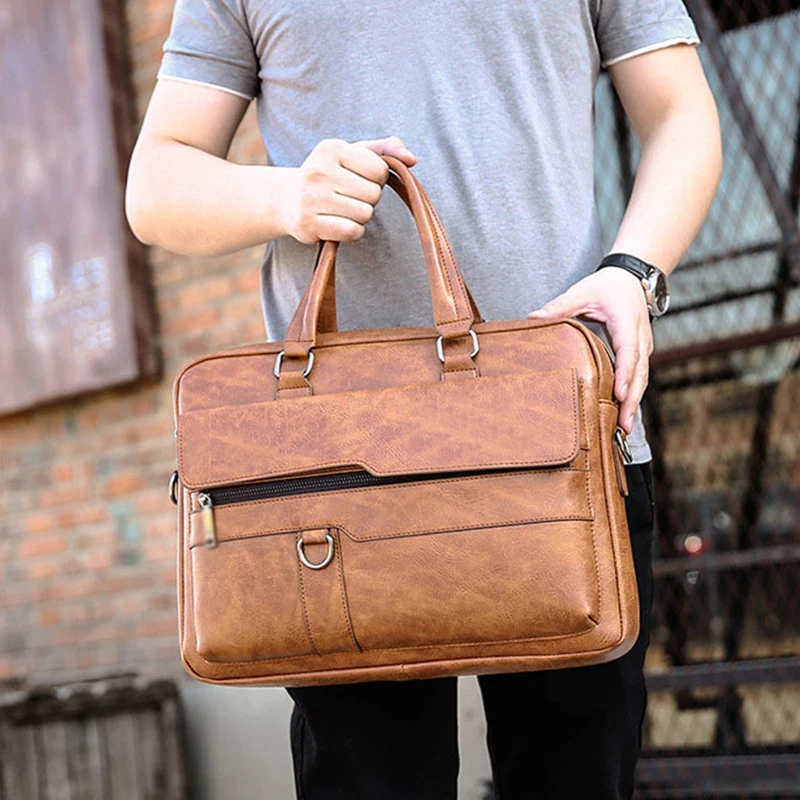 Polarshe Men Briefcase Bag Leather Man Handbag Large Capacity 14 inch Laptop Bag Brand Business Man Shoulder Messenger Bag сумка