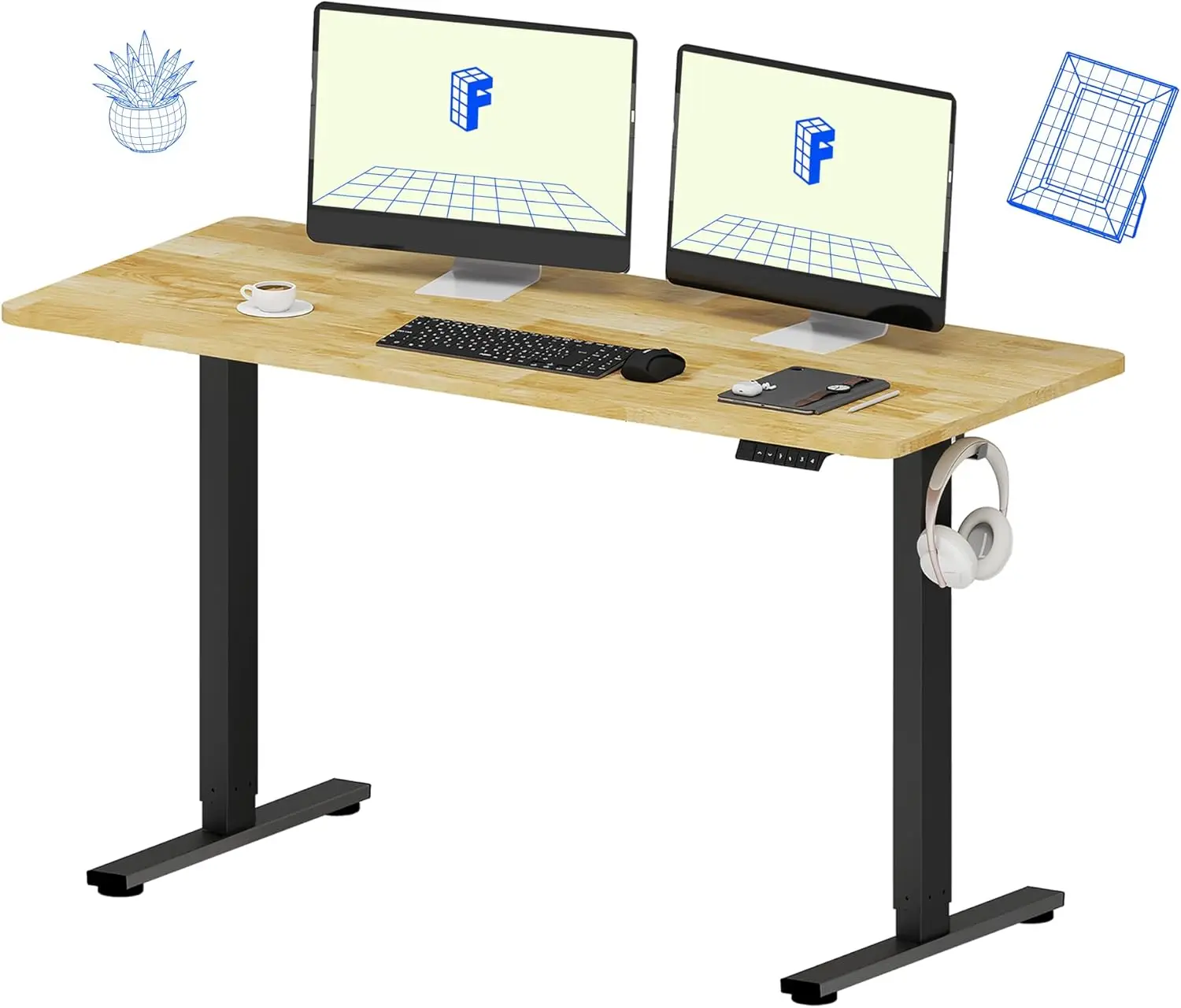 Integrated rubber wood standing desk, 55 x 24 inch high adjustable desk (black frame+rubber wood tabletop, 2 sets)