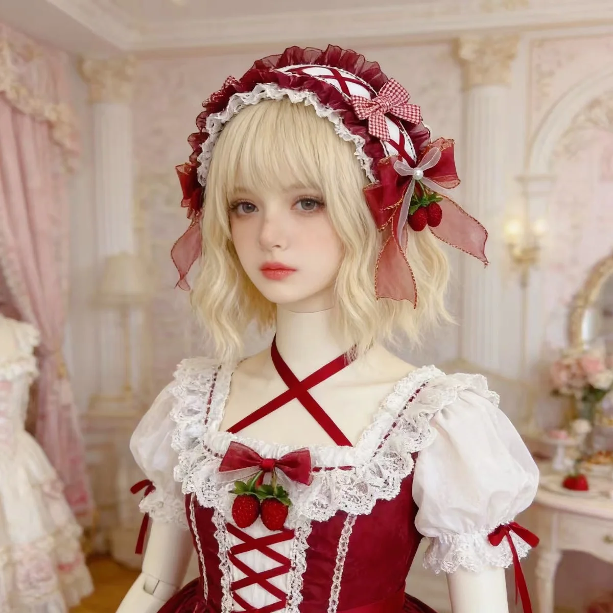 Handmade Japanese Lolita Style Red Strawberry Cake Bow Ruffled Lace Headpiece Headband Sweet Women Girls Cosplay Accessories