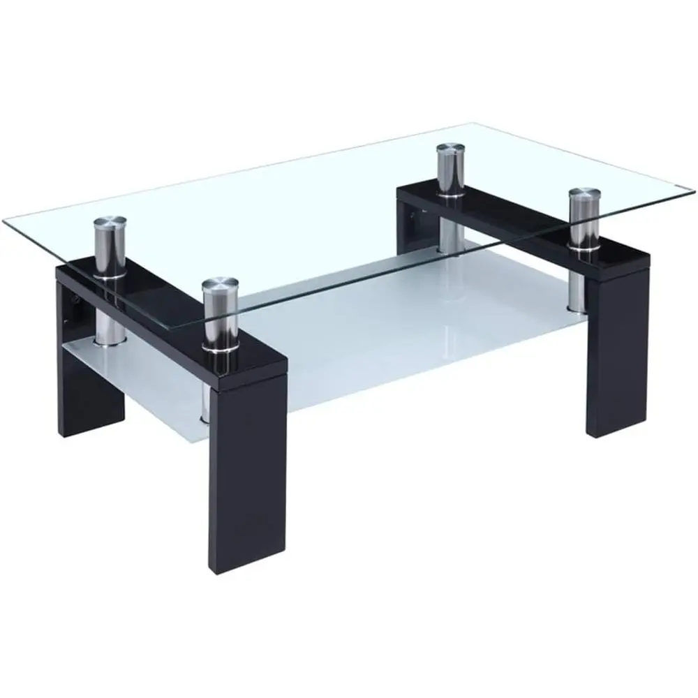 

Modern Transparent Glass Coffee Table with Wooden Legs and Lower Shelf for Living Room (Black)