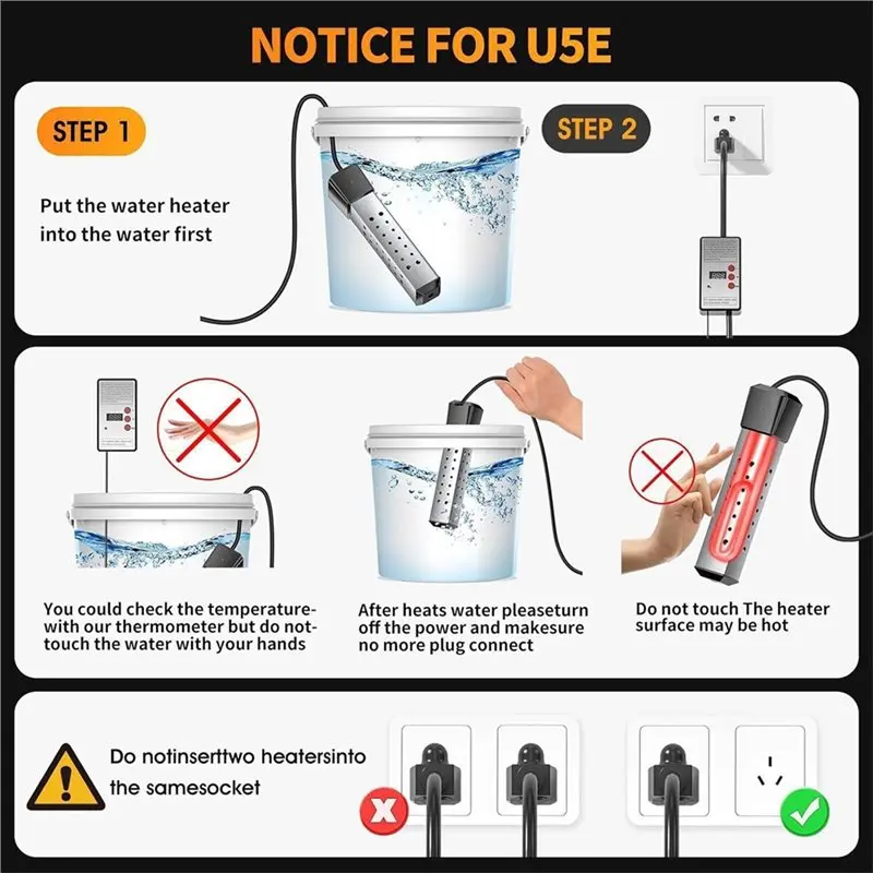 LITE-Stainless Steel Guard Cover 2000W Electric Immersion Water Heater Constant Temperature Submersible Model EU EU Plug