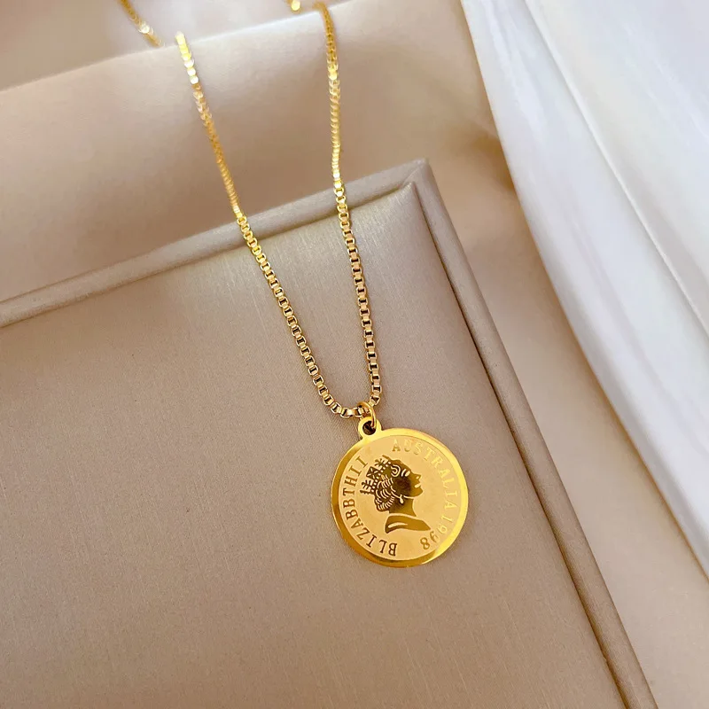 Stainless steel Fashion women coins small pendant Choker rolo Necklace 10 cent pound Elizabeth II round charms necklace