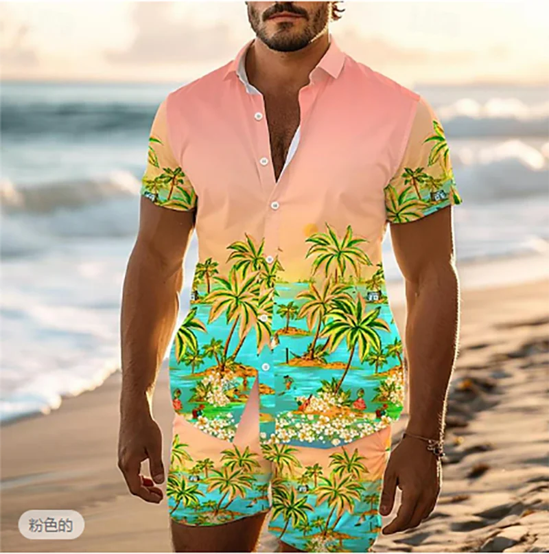 Palm Tree Tropical Men\'s Degree 3D Printed Hawaiian Shirt and Shorts Set