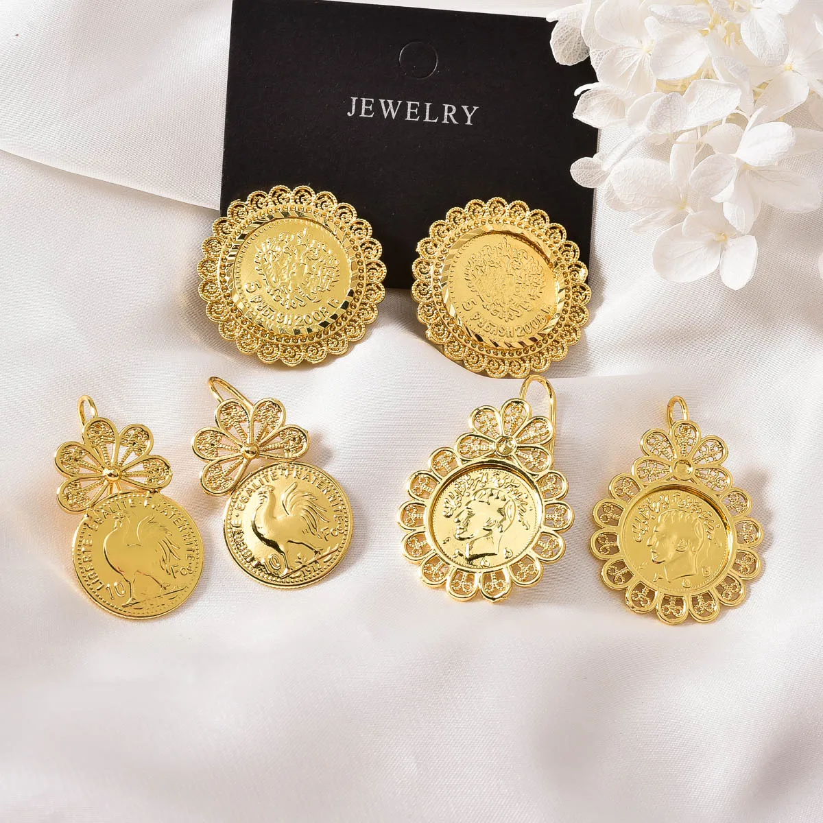 Coin Medallion Drop Stud Earrings Women Hollow Floral Filigree Earrings 18K Gold Plated Embossed Portrait Animal Vintage Jewelry
