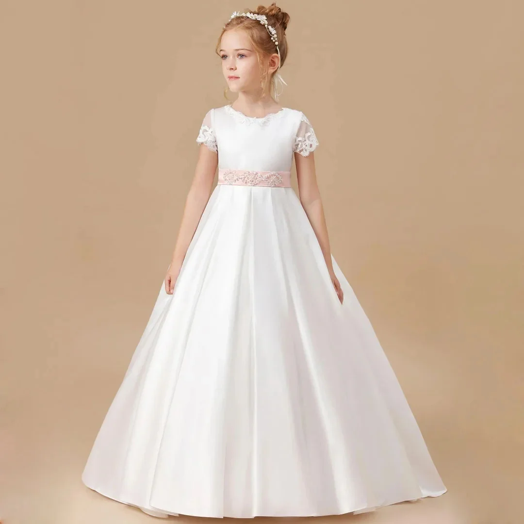 فساتين فتاة الزهور المخصصة مزينة بالساتان الأبيض مع فيونكة وأكمام طويلة لحفلات الزفاف وأعياد الميلاد والمناولة المقدسة #1