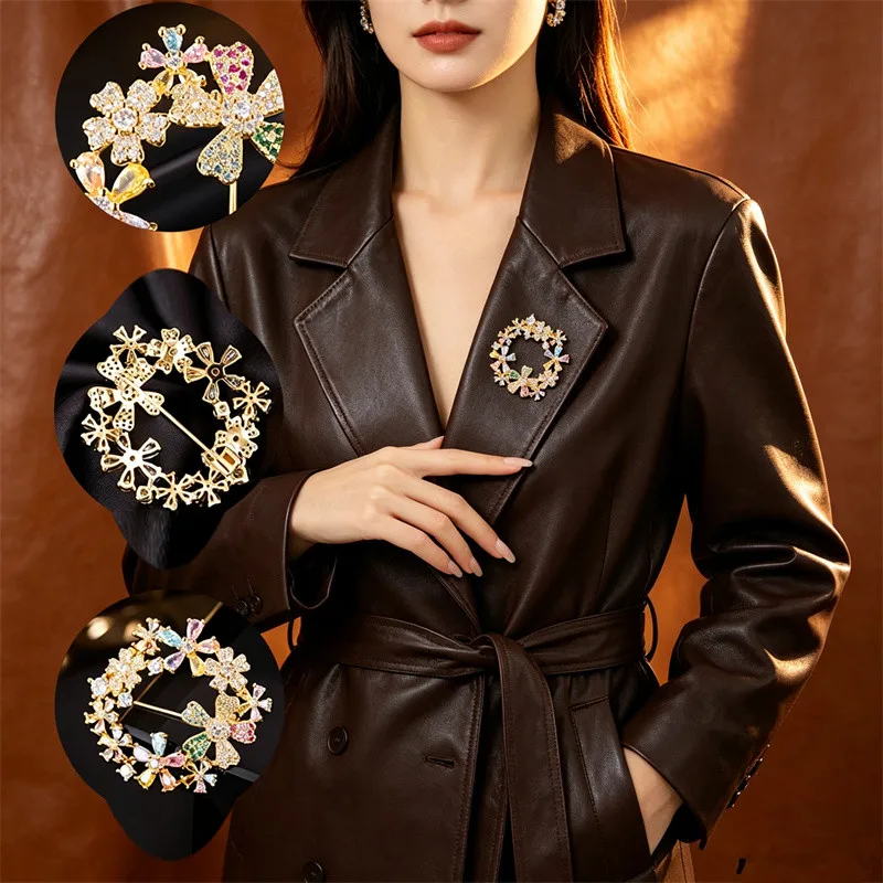 Fashion Hollow out Wreath Flower Brooch Color Cubic Zircon Pin Women Elegant Crystal Brooches Jewelry for Banquet Suit Overcoat