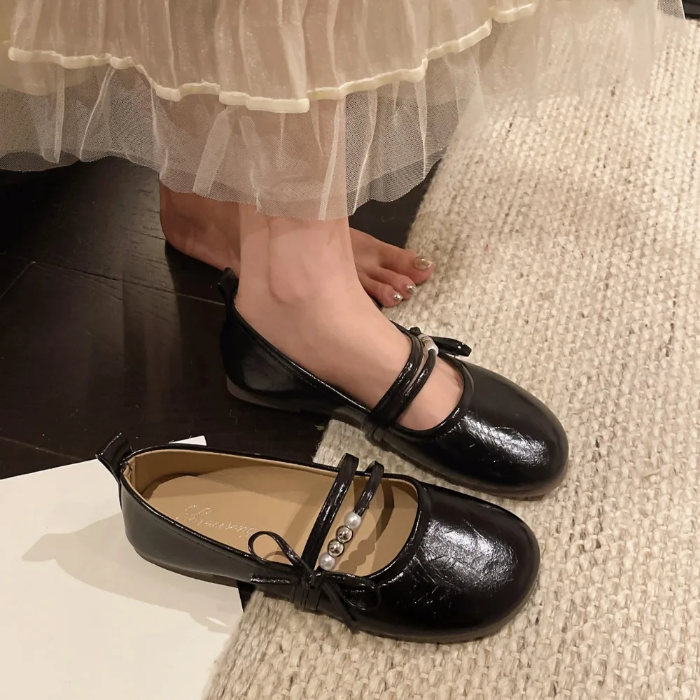 Sweet Girls Patent Leather Mary Jane Shoes Pearl Double Straps Bow Design Soft Rubber Sole Multi-color Commute Dating Flat Shoes