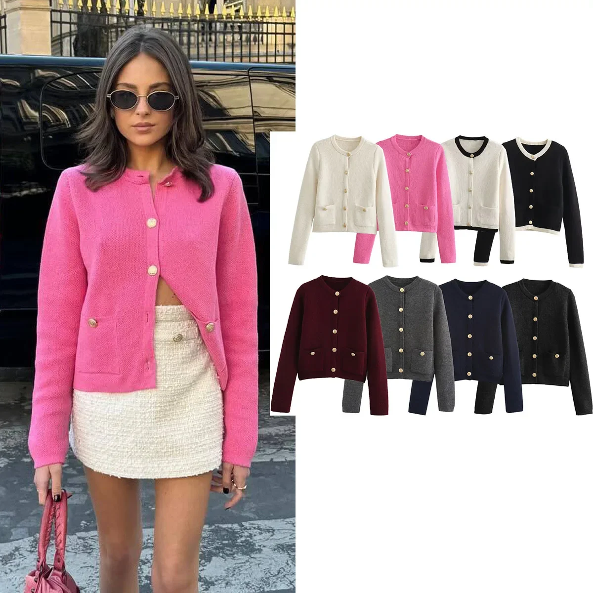 

New Autumn Pocket Knitwear Cardigan Women Casual Knitted Cropped Long Sleeve Jacket Long Sleeve Single Breasted Cardigans Women