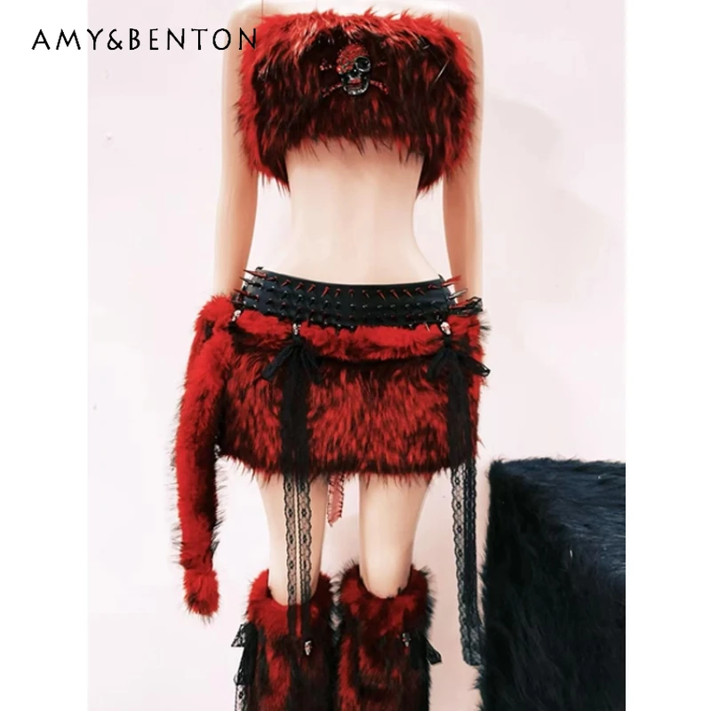 Original Design Red Furry Sweet Cool Short Women's Vest Gothic Style Music Festival Performance Rivet Y2K Sexy Skirt Set Ladies