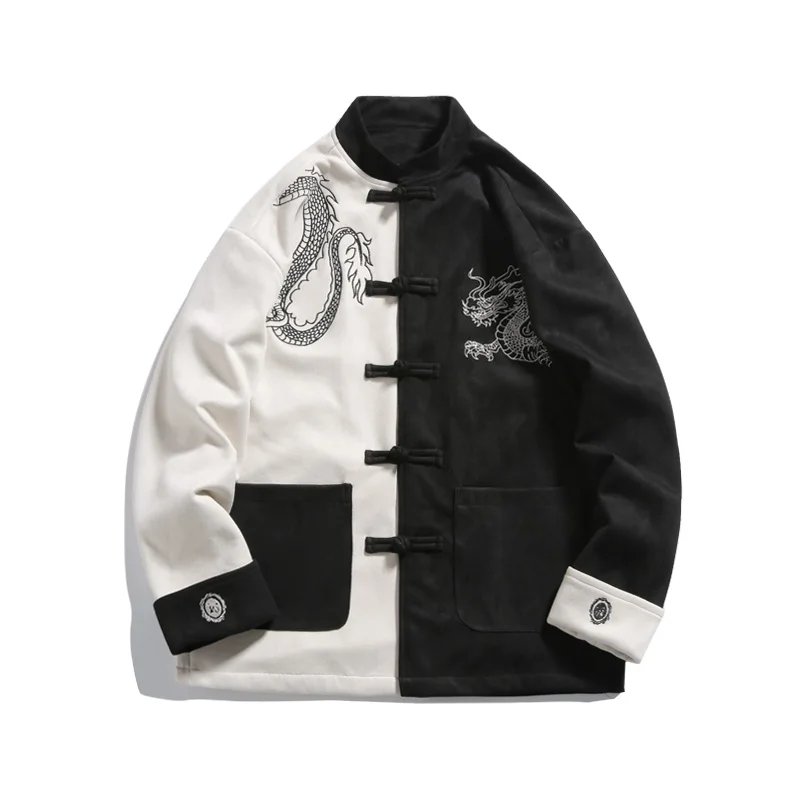 Autumn and Winter Jacket for Men Chinese Dragon Embroidery Tang Suit Coat Suede Chinese-style Patchwork Jackets