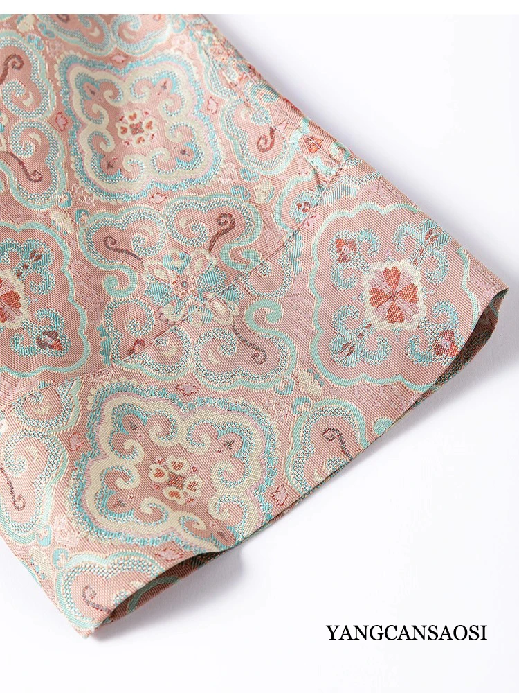 Double Sided Chinese Style 100% Natural Mulberry Silk Jacquard Shu Brocade Loose Round Neck Three-quarter Sleeve Shirt