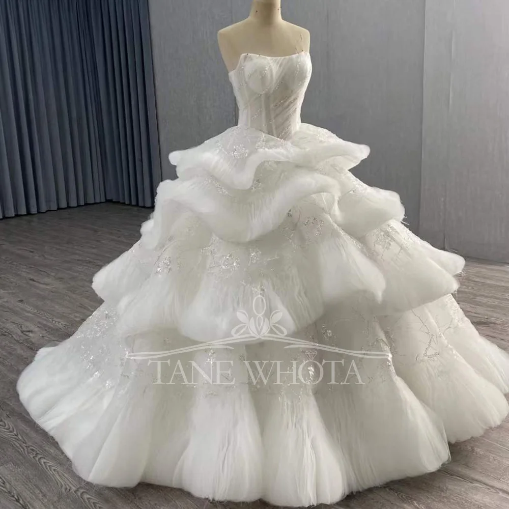 Luxury Strapless Sleeveless Lace up Back Sequined Tiered Ball Gown Wedding Dress Novias Vestidos
