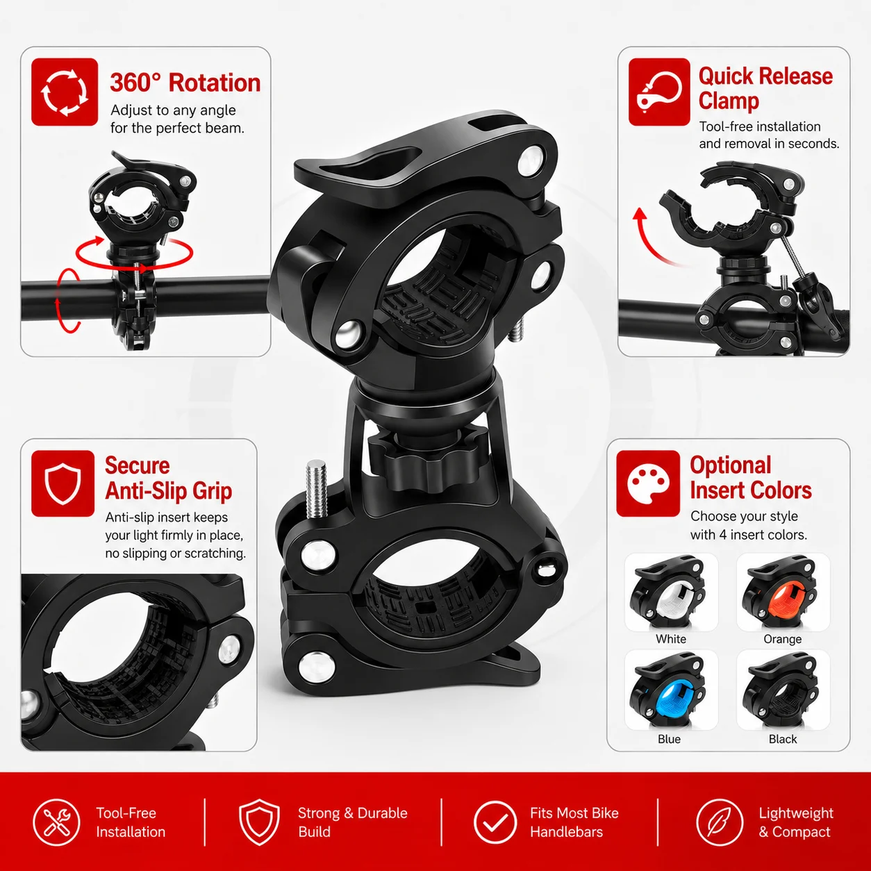 PINMOAP 1PC Bike Flashlight Mount Bicycle Handlebar Light Holder Adjustable Torch Clamp Bracket For Mtb Road Bike Cycling Set