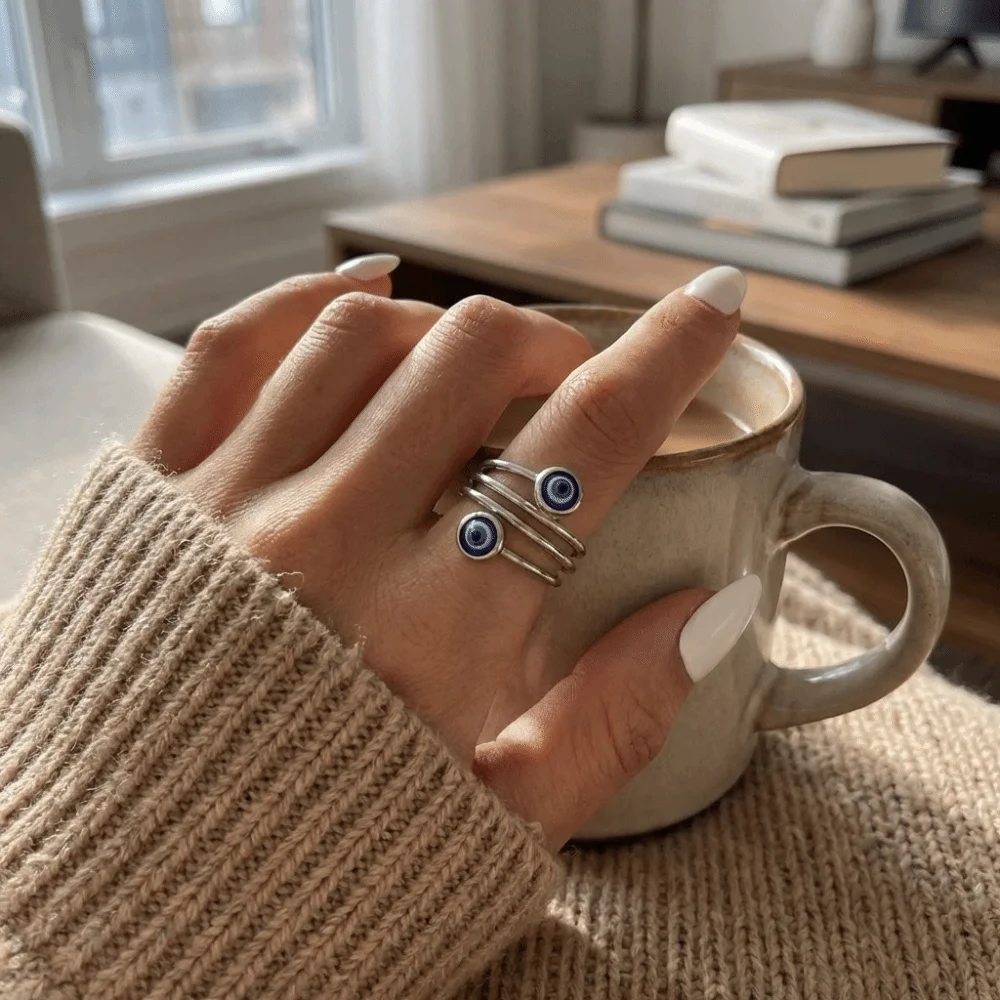 Trendy Silver Color Double Blue Eye Ring Minimalist Zircon Twisted Rings Lucky Open Ring Adjustable Finger Jewelry Festival