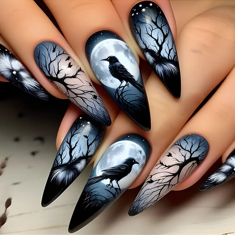 

24Pcs Long Almond Press on Nails - Moon, Branches & Birds Design | Unique Cool Style Fake Nails For Women