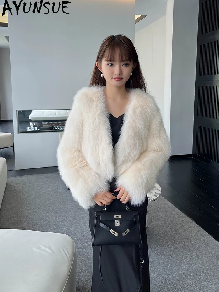 AYUNSUE 2025 Autunno Inverno Giacca di Pelliccia di Volpe Donna Moda Versatile Pelliccia di Volpe Naturale Giubbotti per Le Donne Vestiti Con Scollo A V Abrigo Mujer