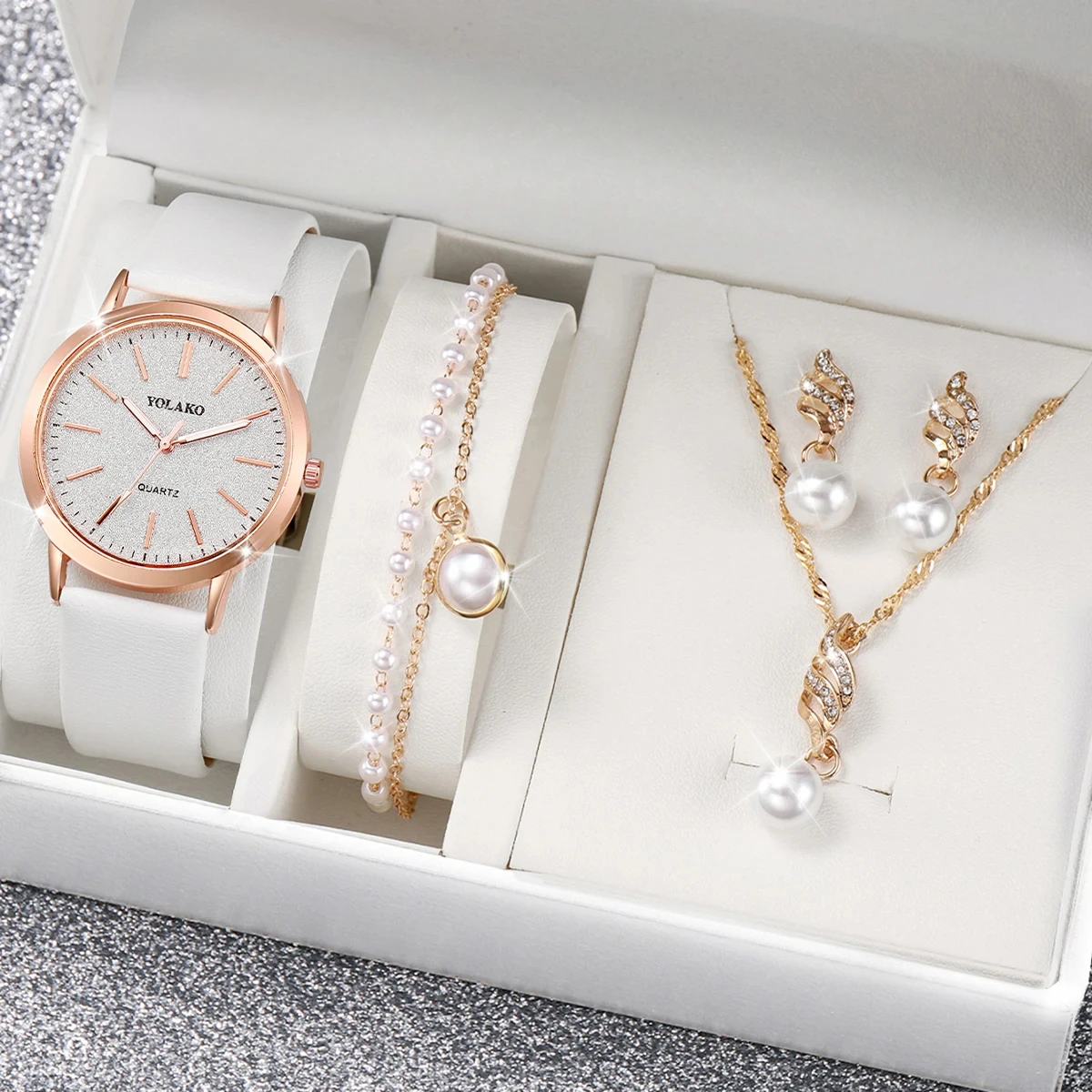 5pcs/Set Luxury Watch Women Necklace Earrings Pearl Rhinestone Wristwatch Female Casual Ladies Watches Bracelet (No Box)