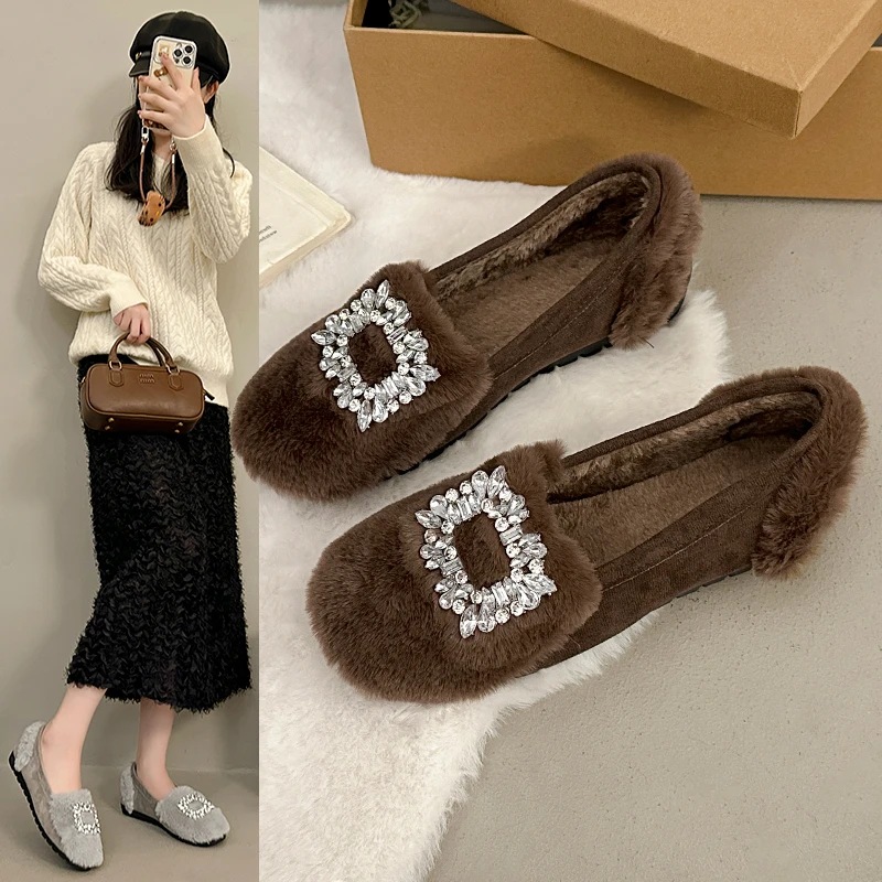 

Многофункциональные слипоны на плоской подошве с круглым носком, средней длины, с нескользящей, удобной и дышащей мягкой меховой подошвой