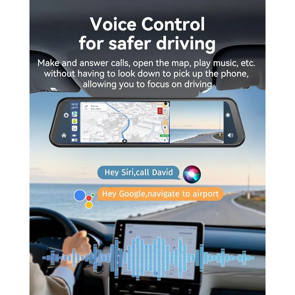 كاميرا مرآة الرؤية الخلفية مقاس 12 بوصة مع CarPlay Andorid Auto، كاميرا احتياطية أمامية وخلفية بدقة 4K مع مساعدة/حلقة R عكسية