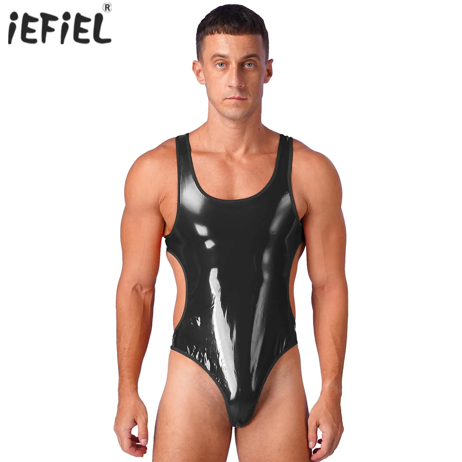 Mens Lingerie Wet Look Patent Leather Bodysuit Open Back U Neck Sleeveless Jumpsuit Lingerie One-Piece Swimsuit Party Swimwear