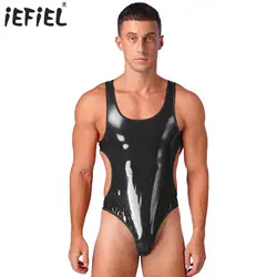 Mens Lingerie Wet Look Patent Leather Bodysuit Open Back U Neck Sleeveless Jumpsuit Lingerie One-Piece Swimsuit Party Swimwear