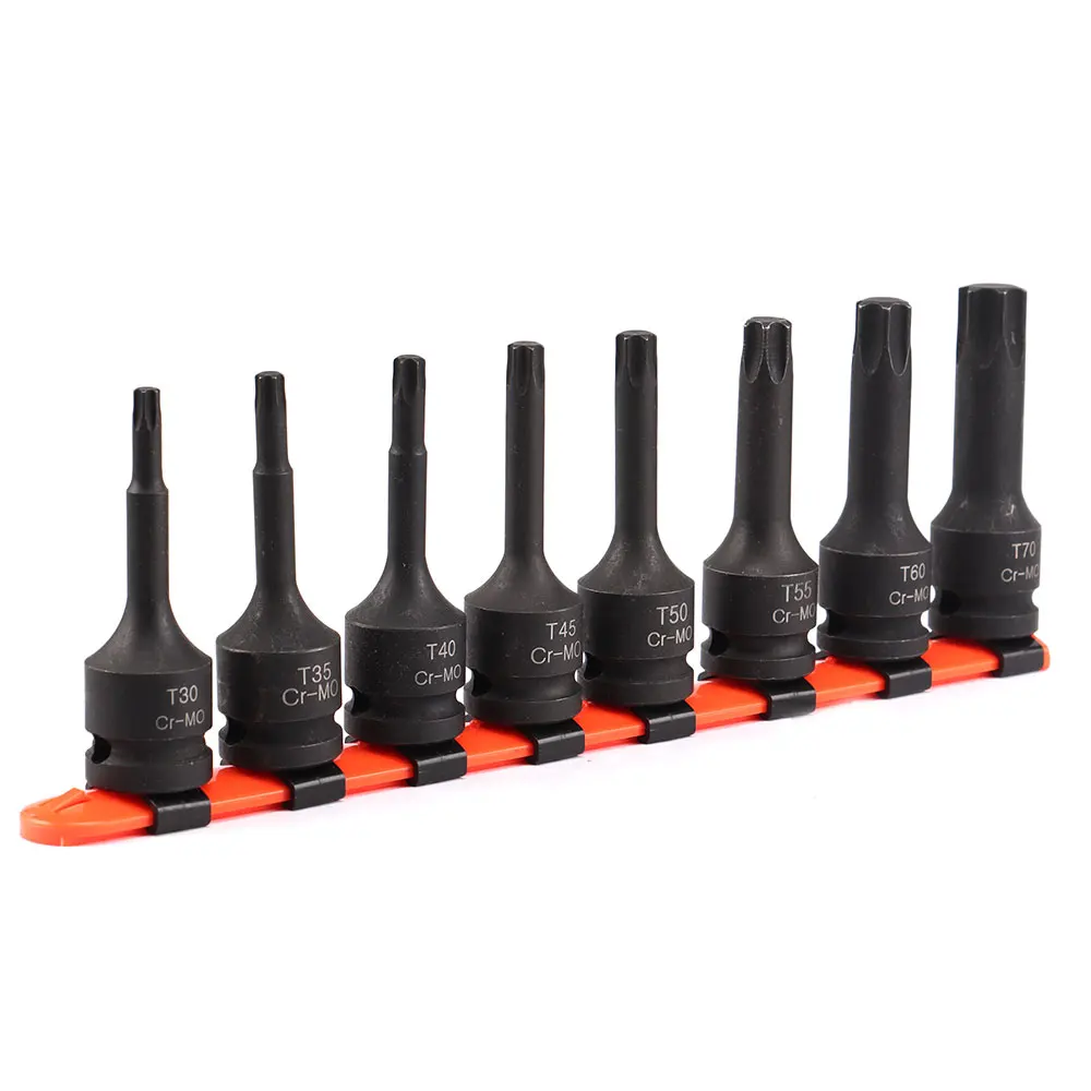 8 шт., набор гнезд Torx T30, T35, T40, T45, T50, T55, T60, T70 с пластиковой стойкой, 1/2 дюйма, Квадратный привод, никелированный